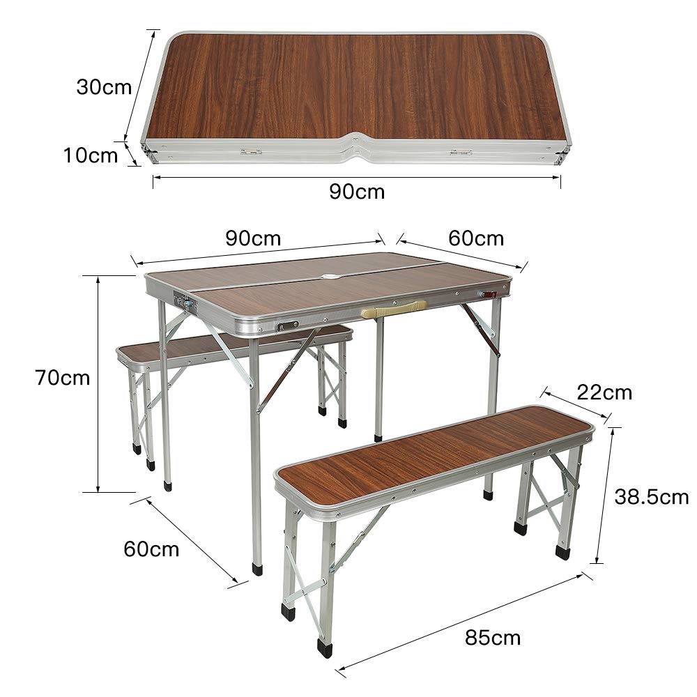 OHMG Tables de Pique-Nique,Table de Camping,Table Pliante Valise avec 2 bancs avec Un Poids Faible grâce au Cadre en Aluminium, Aspect Bois avec Poignées de Transport Marron,90 * 60 * 70cm