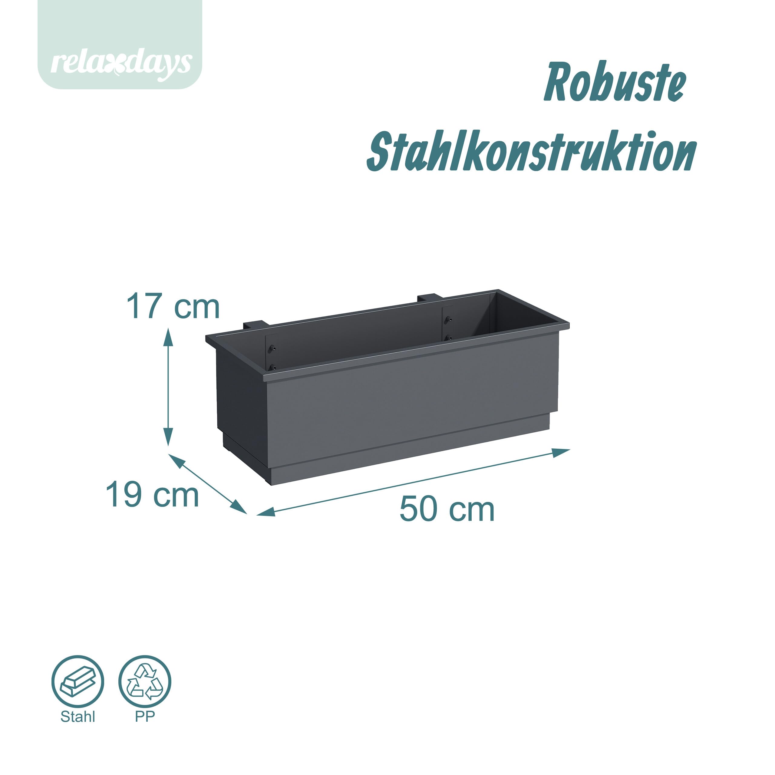 Relaxdays Balkonkasten 2er Set, für Geländer, HBT: 17x50x19 cm, Blumenkasten mit Drainage & Schale, Stahl, anthrazit