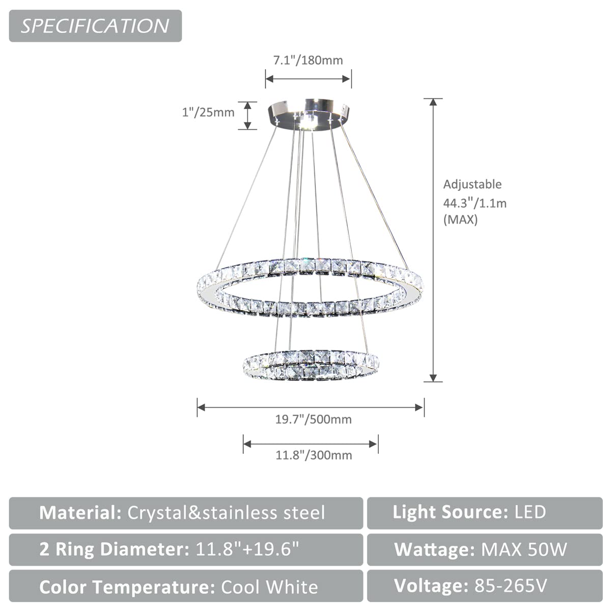 Finktonglan Lampadario LED Moderno a Sospensione in Cristallo, 2 Anelli Regolabili Ø30/50cm, Plafoniera Elegante per Soggiorno, Sala da Pranzo, Camera da Letto, Corridoio (Bianco Freddo)