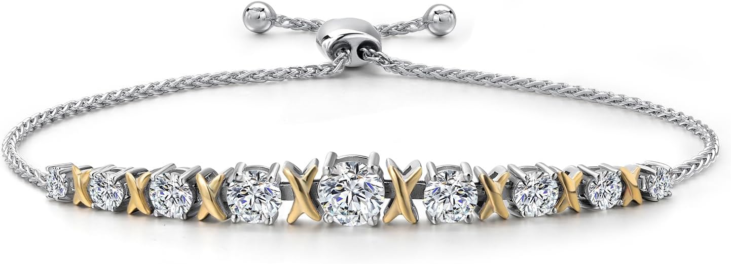 Gem Stone King 1.70 Cttw Round Lab Grown Diamond Graduated Bracelet For Women | 925 Silver and 10K Yellow Gold | DEF Color | VVS-VS Clarity | Adjustable Bolo Bracelet | Easy-On Easy-Off