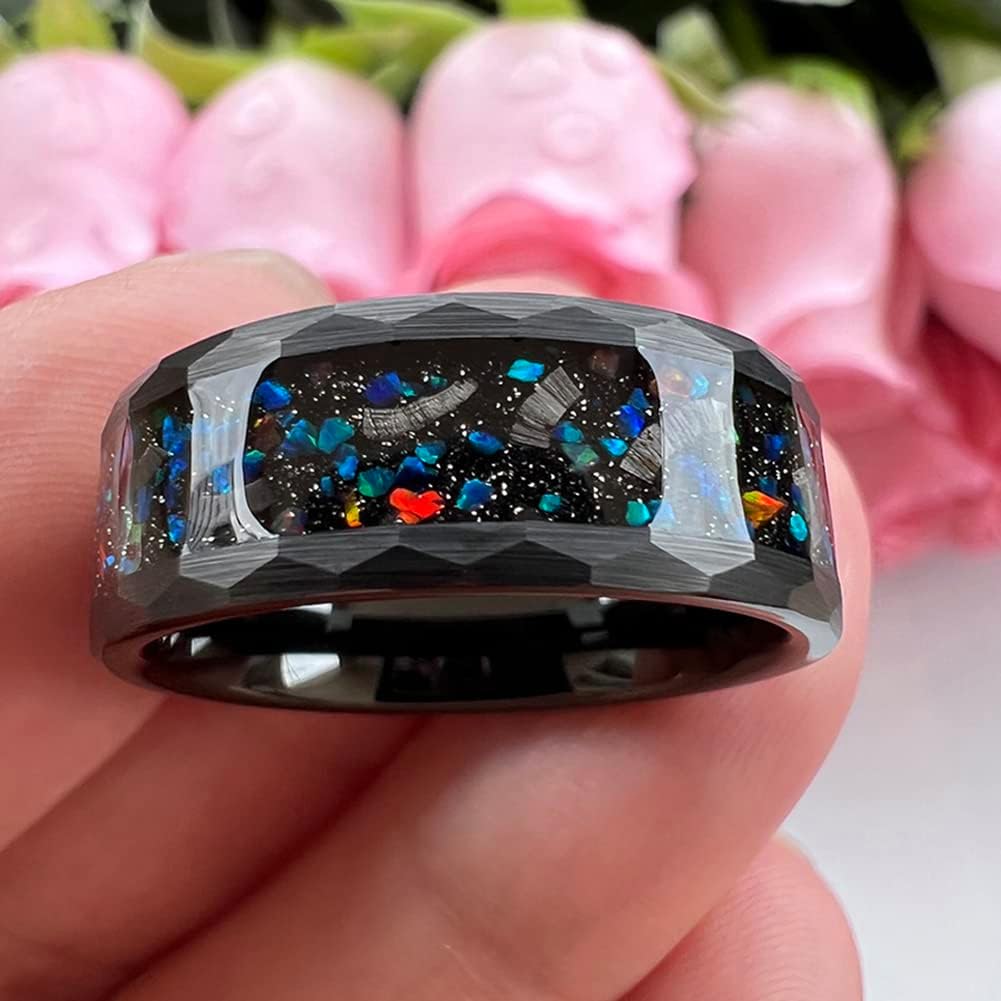 8mm Hammered Tungsten Rings for Men Women Engagement Wedding Bands Geunine Opal Meteorite Inlay Matte Finish Comfort Fit - Image 3