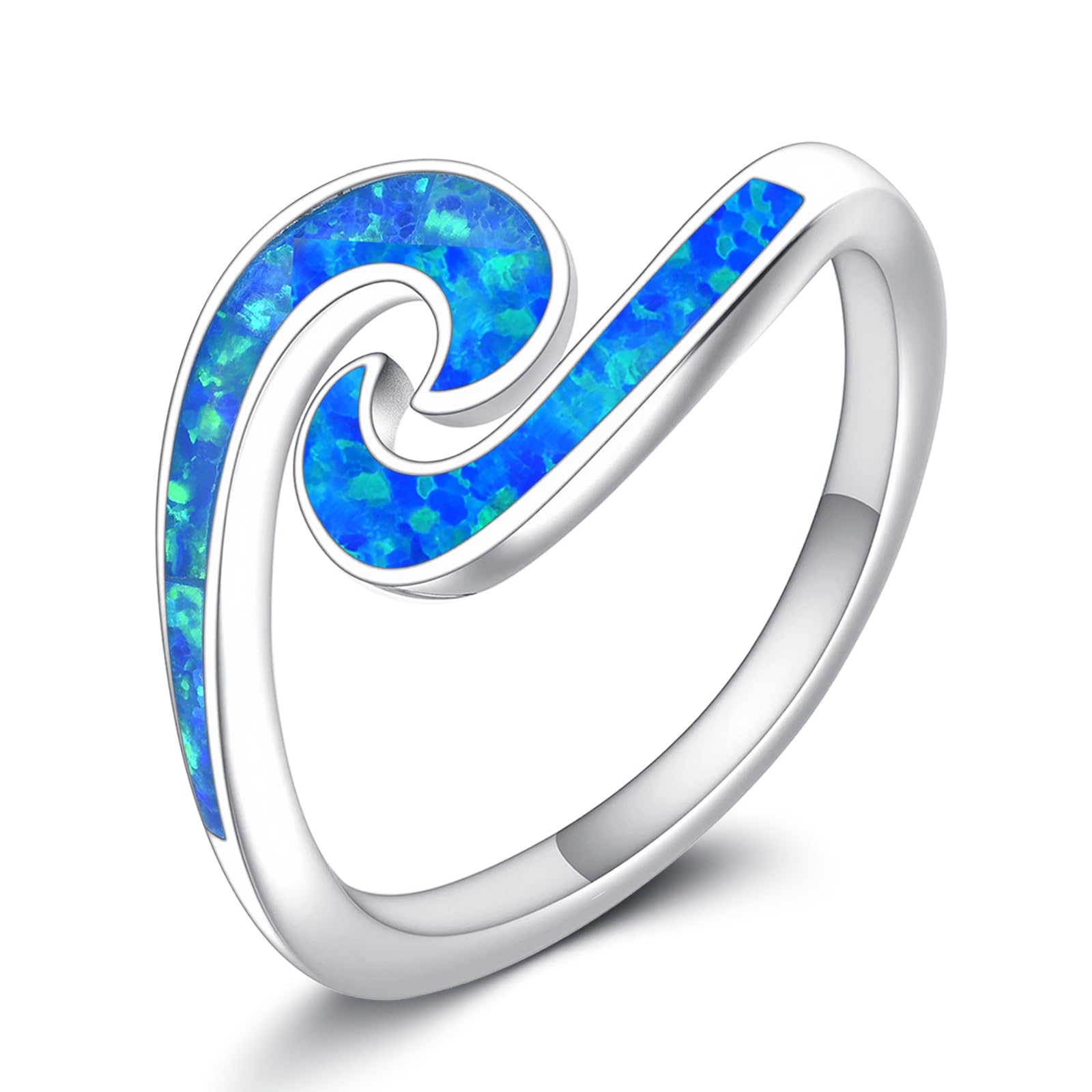 URONE Wave Ring 925 Sterling Silver Blue Opal Ocean Wave Rings Sea Beach Jewellery Gifts for Women