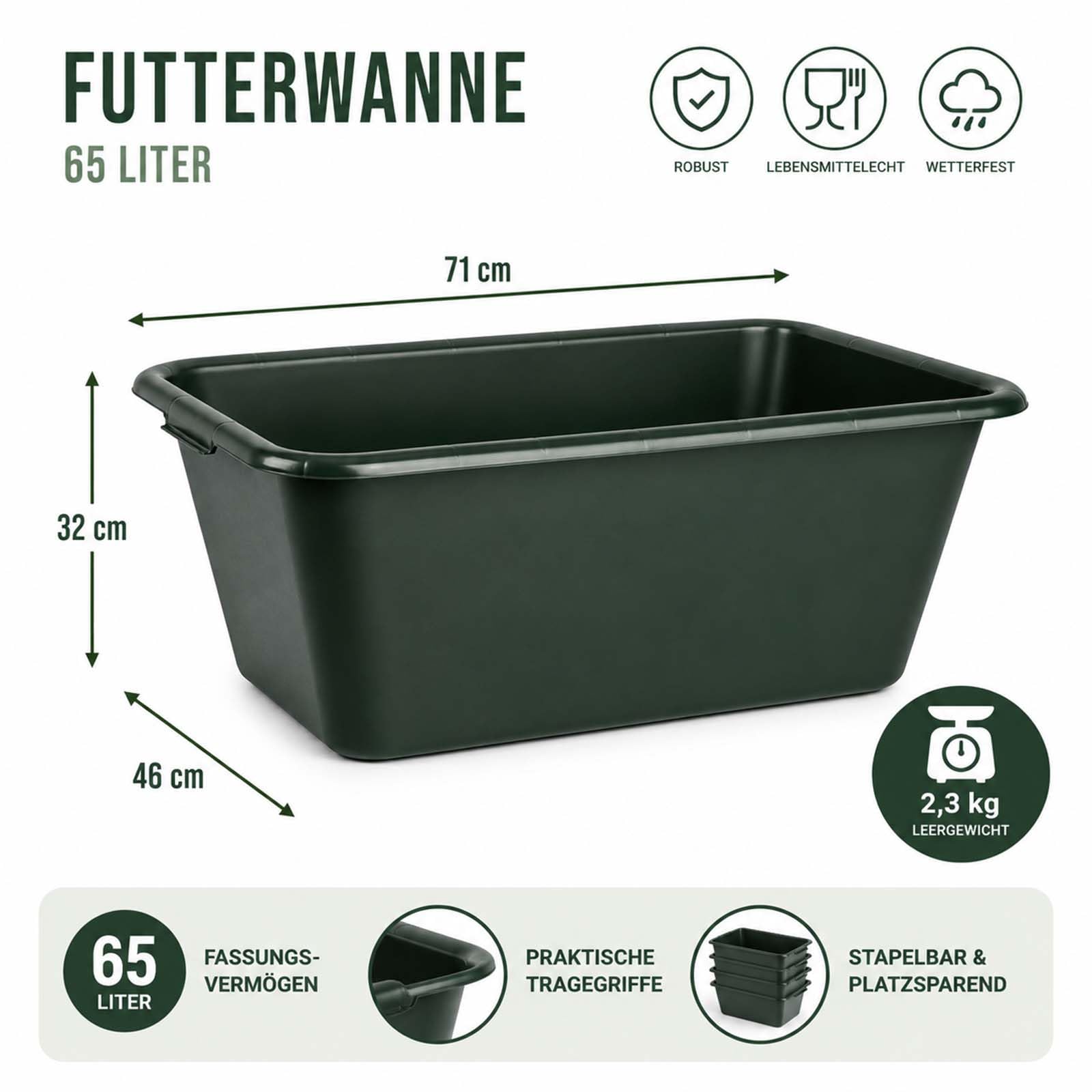 BURI Wildwanne 65 Liter 5er Set XL Futterwanne Grün Lebensmittelecht Robust | BURI, lebensmittelecht, Wasserbottich, Wildwanne, Pferdetränke, Jagdwanne, robuster Kunststoff, Stallbedarf, langlebig