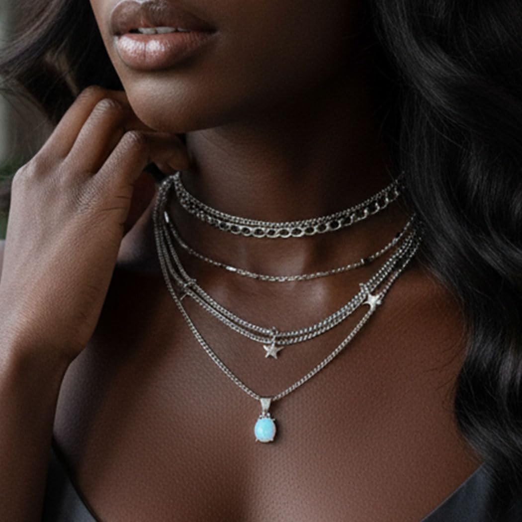 Asooll Boho Layered Necklaces Silver Star Choker Necklace Crystal Pendant Chain Jewelry Accessories for Women - Image 3