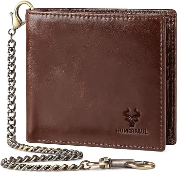 Genuine Leather Card Holder Wallet with Chain Accessory for Men, Women RFID Blocking 13 Card Slots 2 ID Windows 2 Bill Compartments Short Bi-Fold Wallet Gift Brown