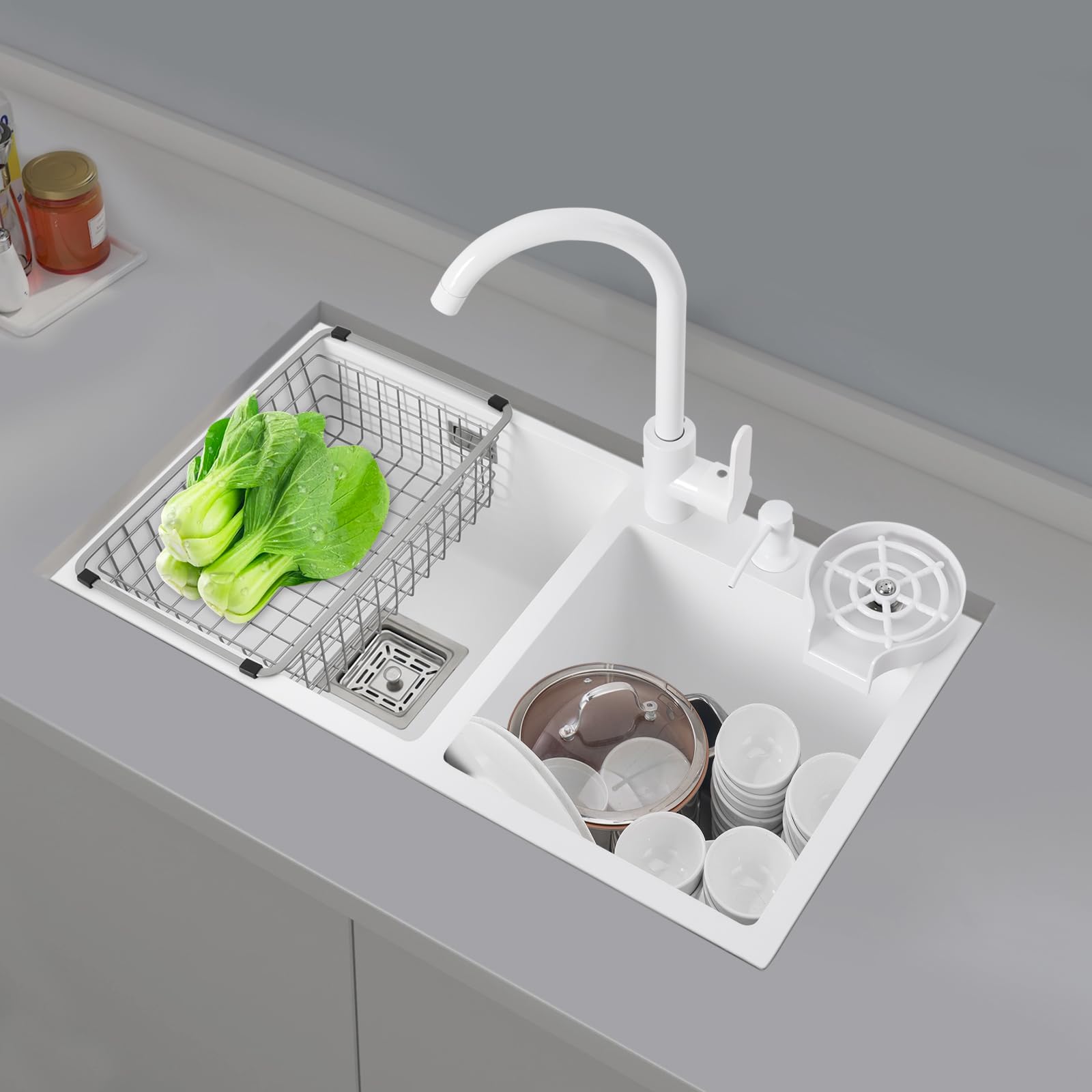 Évier de cuisine double en acier inoxydable avec robinet et égouttoir pour cuisine, restaurant ou bar, 71 x 38 cm, à 2 bacs, Topmount Undermount avec nano-vernis de cuisson (blanc)