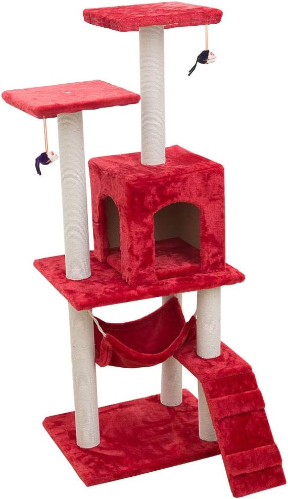 SCHUANG Cat Scratching Post Scratcher Tree Pet Palace Furniture Activity Center Climbing Tower Play House Sisal Toys,Red,125cm