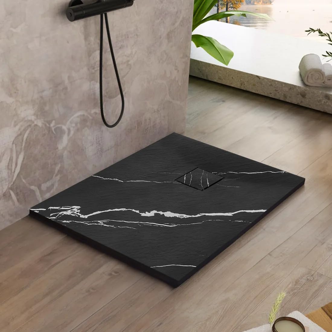 VBChome Plato de ducha de 90 x 90 x 2,5 cm, color negro, imitación piedra, plato de ducha extraplano, cuadrado, desagüe de desagüe para placa de cubierta, compuesto SMC, instalación universal, sifón
