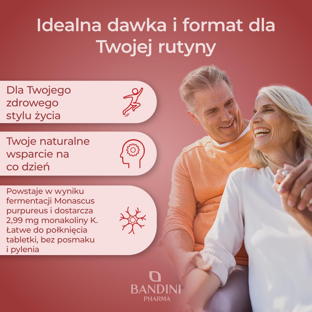 Bandini® FERMENTED RED RICE z drożdży Monascus Purpureus, 99,7 mg czerwonego ryżu, 2,9 mg monakoliny K, bez dodatków, wegański, bez GMO, 90 łatwych do połknięcia tabletek (3 miesiące)