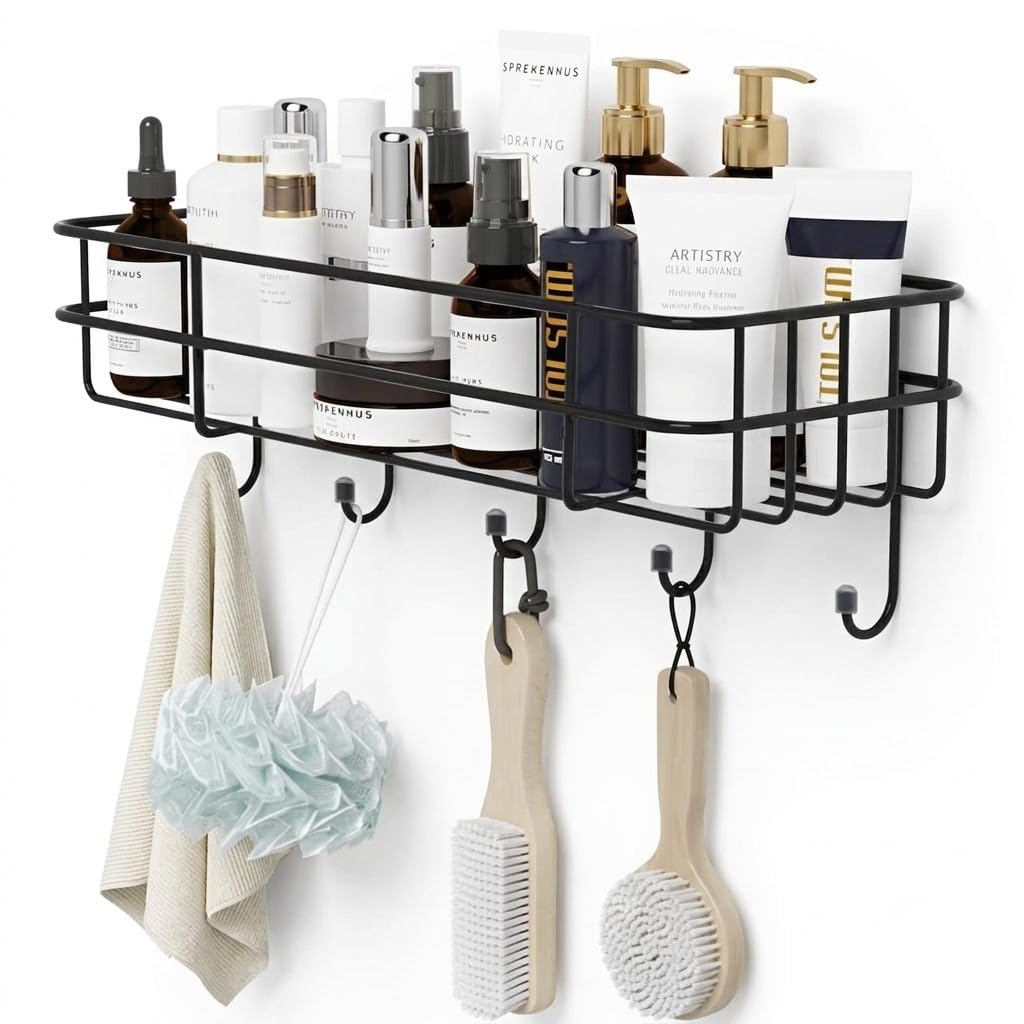 TRIDEX Wall Mounted Bathroom Shelf with Hanging Hooks | Metal Storage Organizer Rack for Toiletries, Cosmetics & Bath Accessories | Multipurpose Basket for Bathroom, Kitchen & Wash Basin | Black-image-10