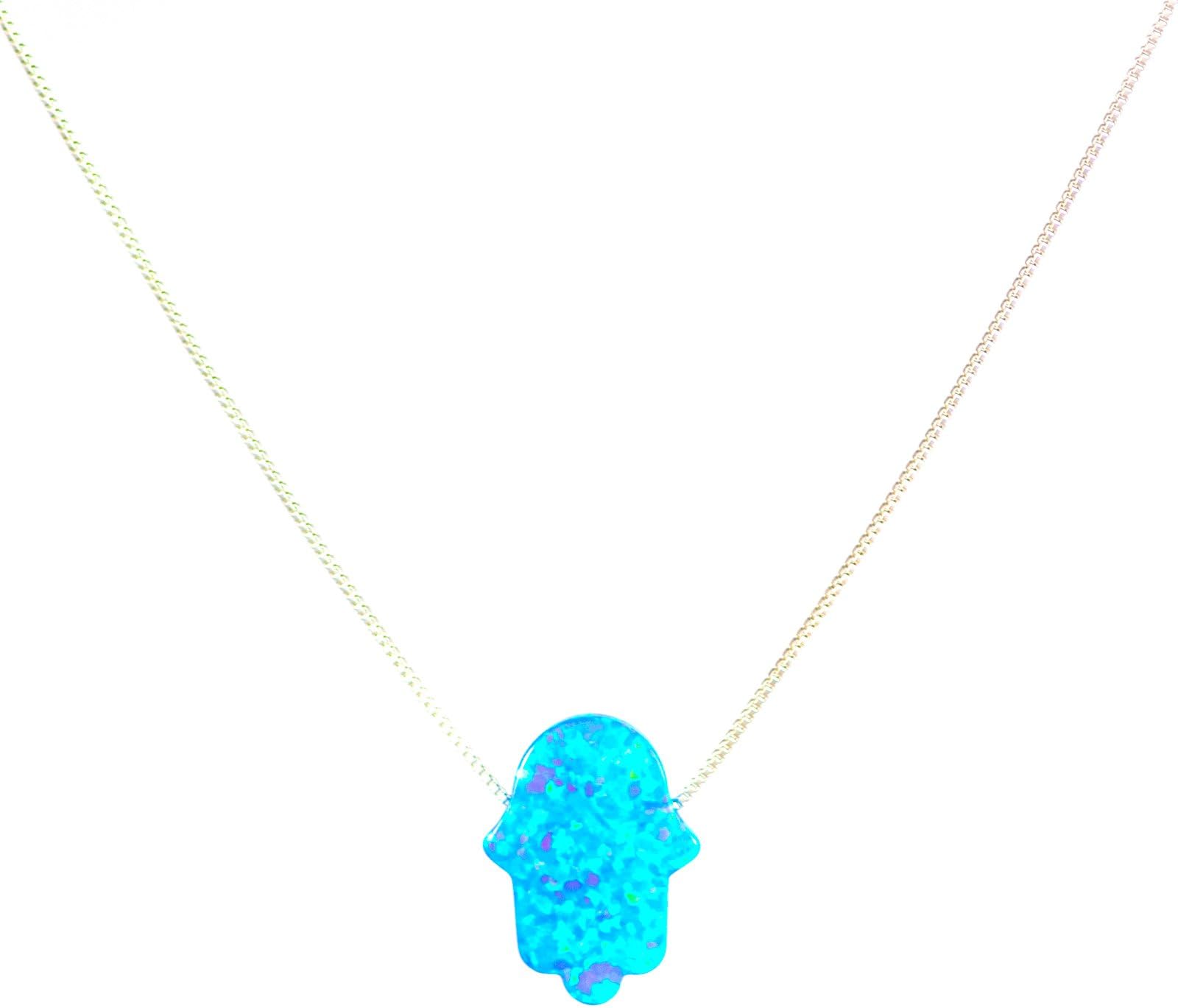 Blue Opal Hamsa Luck Hand Necklace with 925 Sterling Silver Chain - Length 17inch