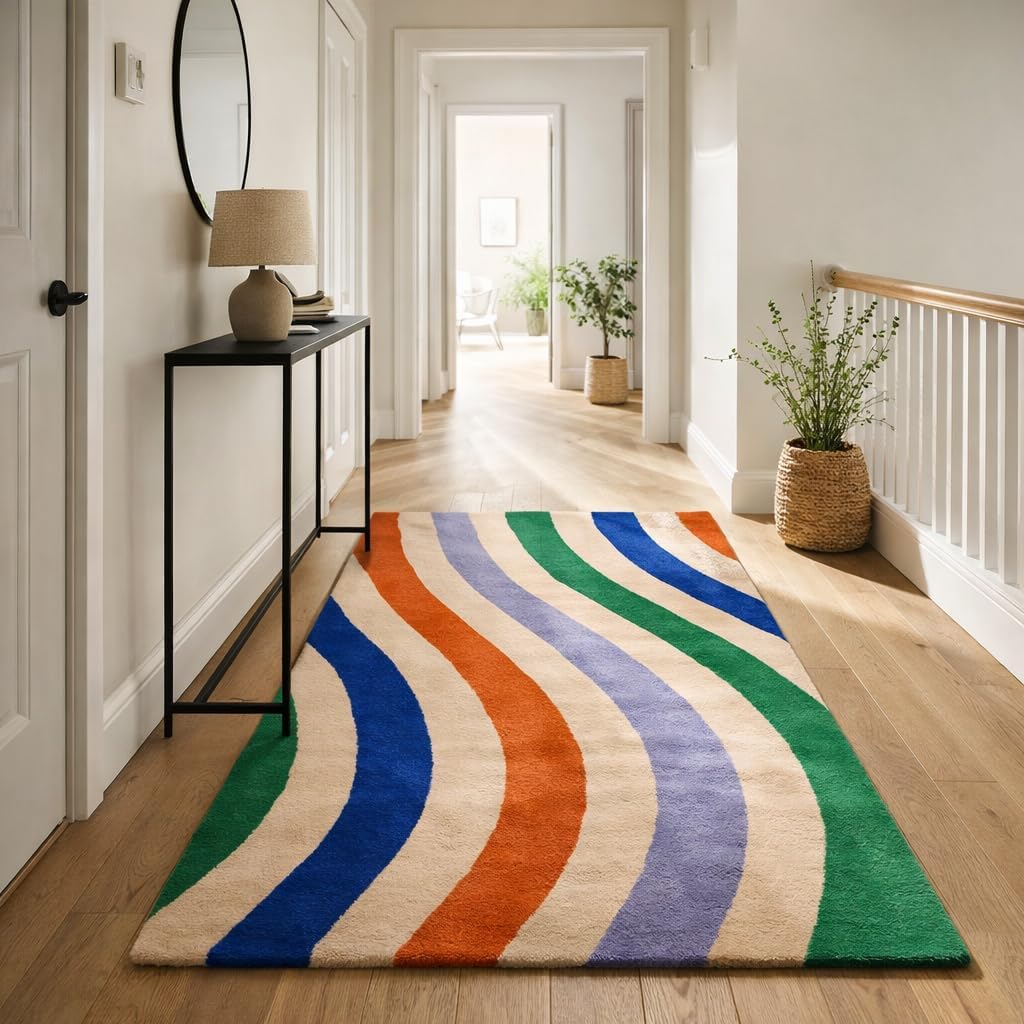 Handmade Wool Area Rug, Hand-Tufted Multicolor Wave Design for Living Room, Bedroom & Dining – 7x10, 6x9, 8x10, 9x12 Sizes