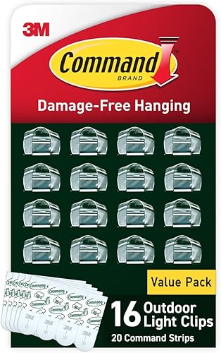 Miniatura 21 de Command Clips de luz para exteriores, 20 organizadores transparentes y 24 tiras, colgar sin daños con adhesivos resistentes a la intemperie, ganchos