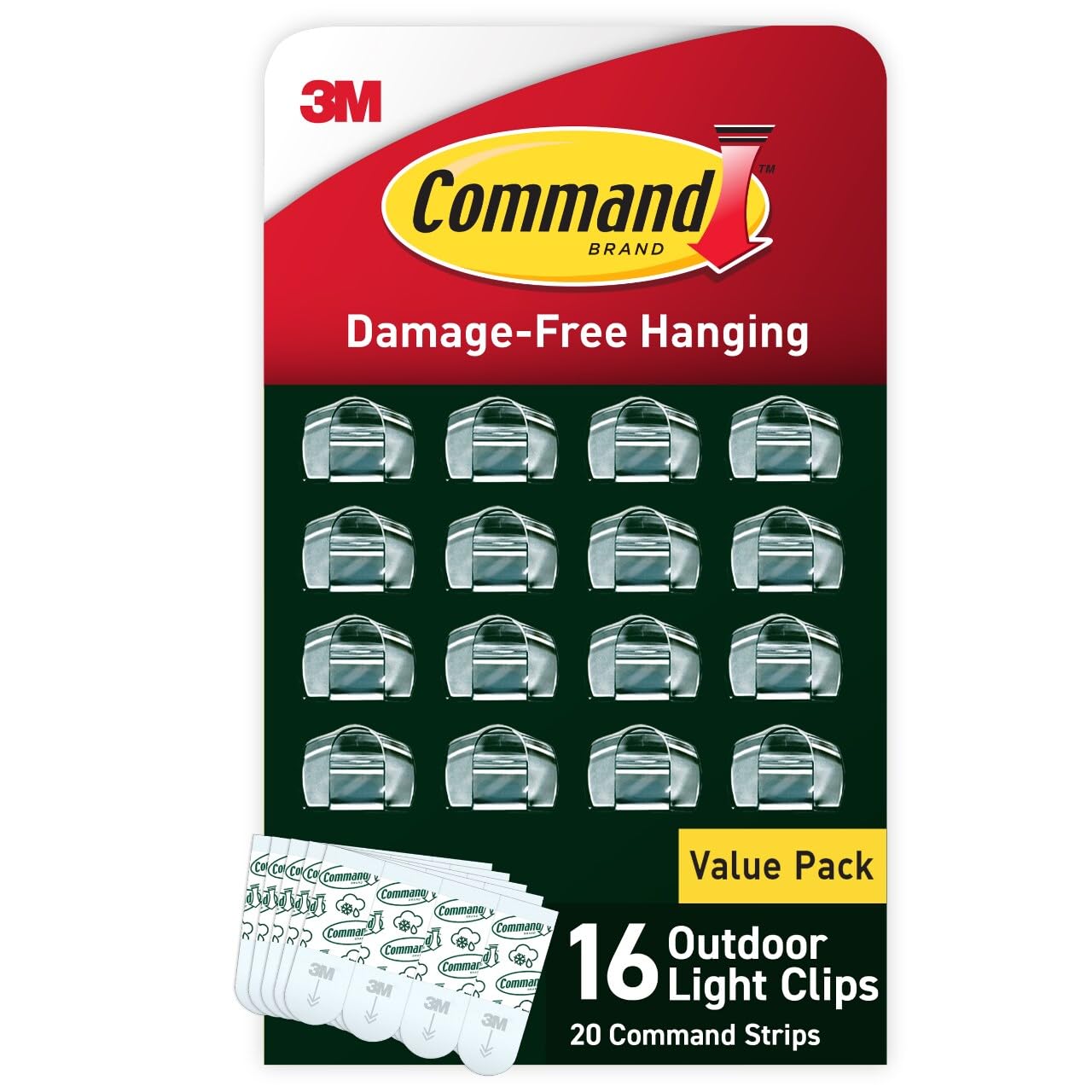 CommandOutdoor Light Clips, 4 Pack of 16 Clear Clips and 20 Command Strips, Damage Free Hanging Light Clips with Adhesive Strips, Wall Clips for Hanging Outdoor Lights and Cables Outside