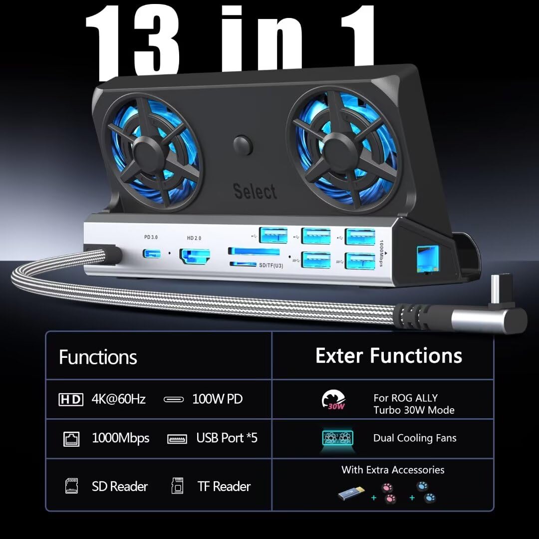 YCE Stacja dokująca 13 w 1 dla Valve Steam Deck/OLED/ROG Ally/Legion go/MSI Claw Typ C z dwoma wentylatorami chłodzącymi, HD2.0/4K@60Hz, 1000M Gigabit Ethernet, SD/TF, 5 USB A, ładowanie PD 100W