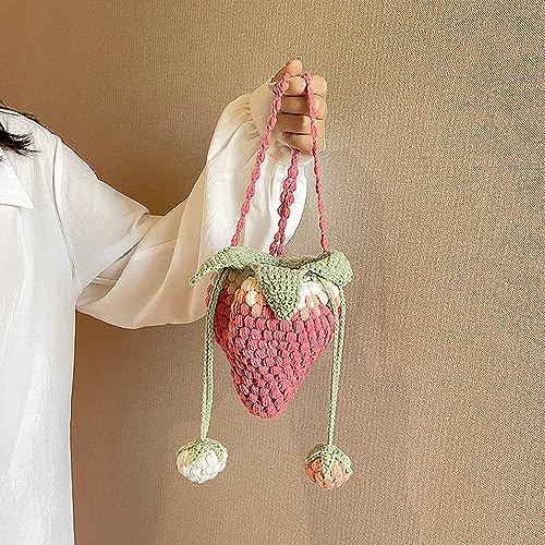 Handmade Knitted Purse Wool Woven Purse Strawberry Shaped Shoulder Bag for Women Crossbody Bag with Drawstring3