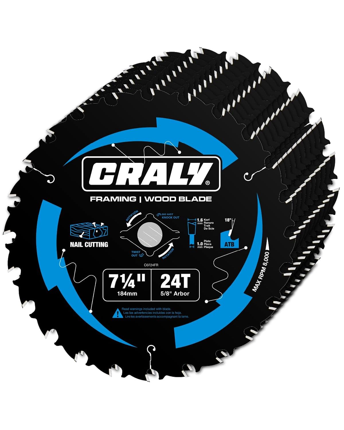 CRALY 7-1/4 Inch 24 Teeth Wood Cutting Framing Circular Saw Blade, 5/8 Inch Arbor, Carbide Tipped, Thin Kerf, Black Ice™, for Plywood, MDF, OSB, Laminated, 10-Pack(C0724FR-10)