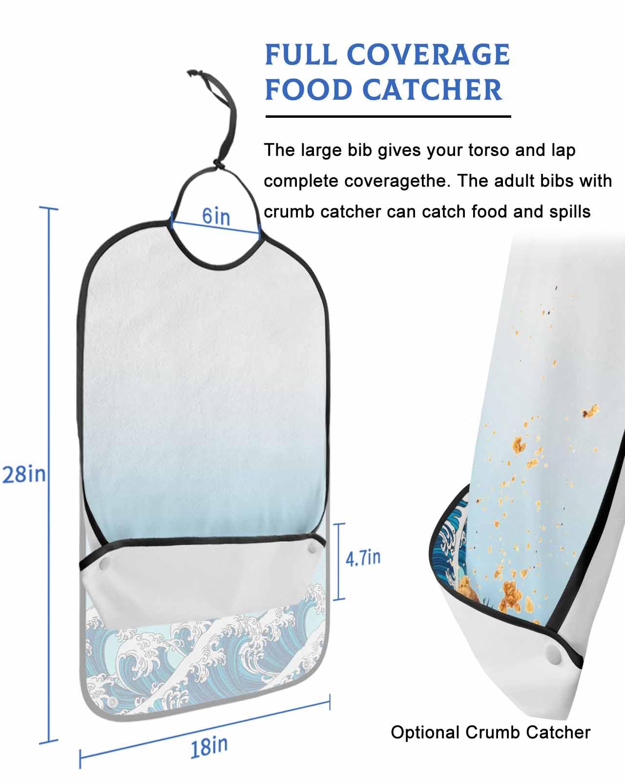 LEOKOTI Blue Ombre Coastal Adult Bibs for Eating, Waterproof Bibs with Food Catcher & Adjustable Snap Closure, Modern Blue Sea Wave Abstract Art Washable Clothing Protectors Adult Bibs for Elderly
