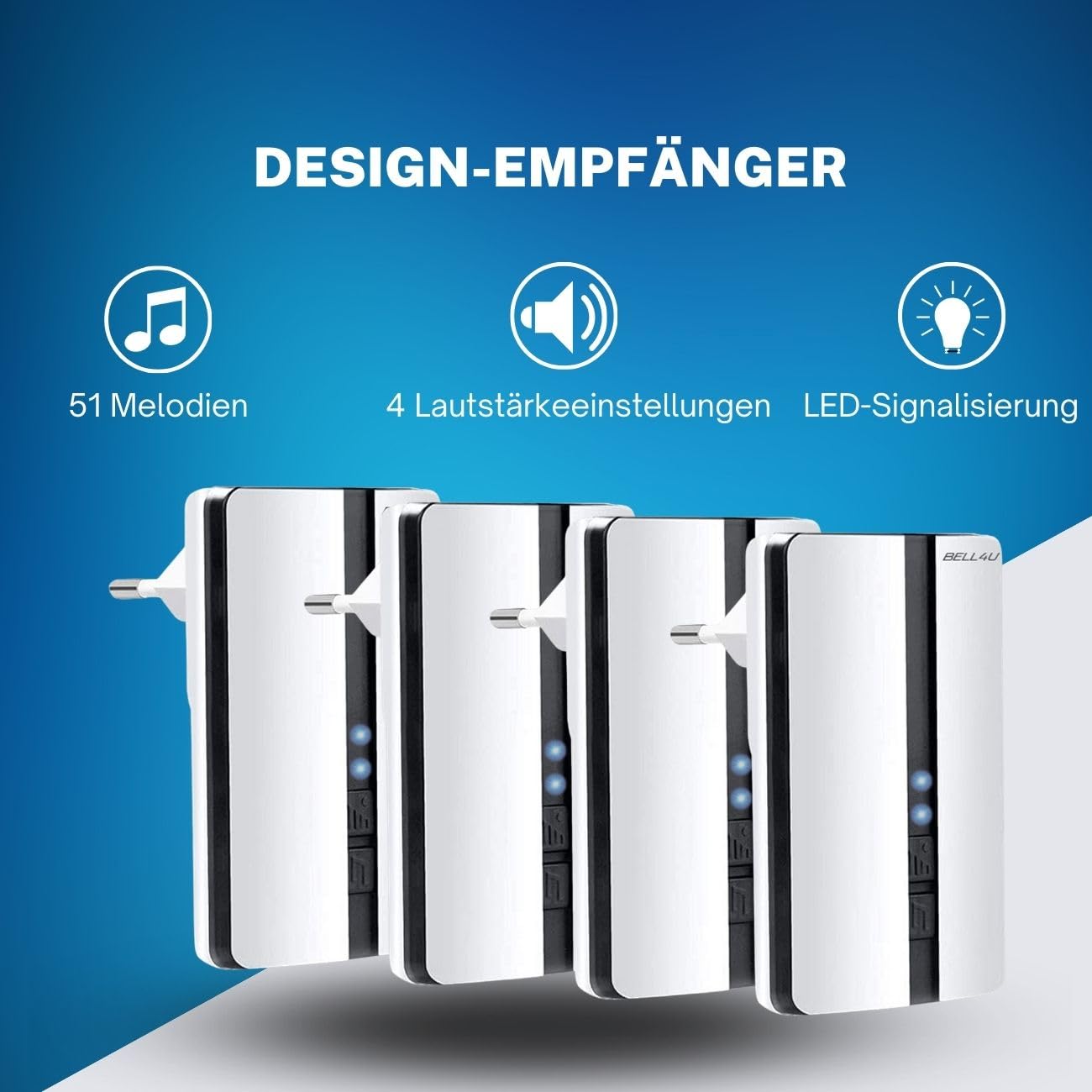 Funkklingel Set, batterielos, 2 Sender, 4 Empfänger | Keine Batterien erforderlich, 200 m Reichweite, IP55, 51 Melodien, 4 Lautstärken, LED-Anzeige, einfache Montage
