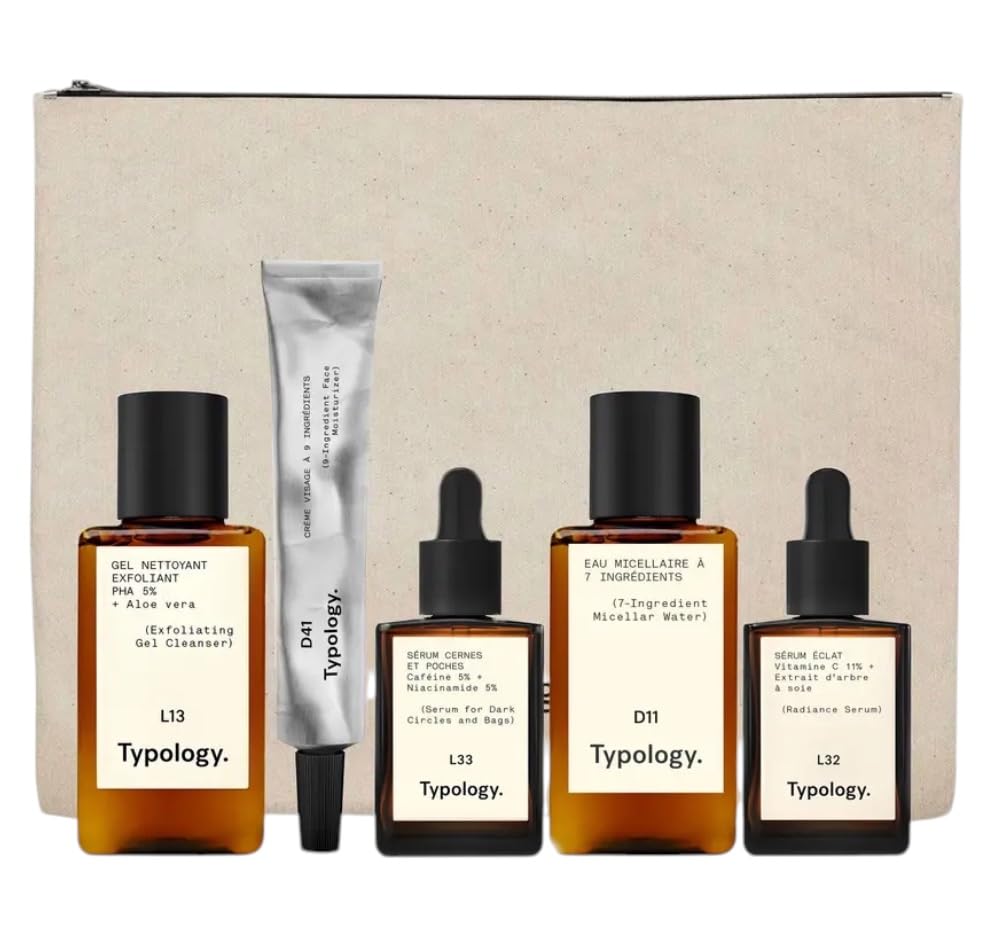 Typology Travel Skincare Set, 5-Piece Kit with Cleanser, Moisturizer, Serums and Micellar Water, TSA-Approved Sizes