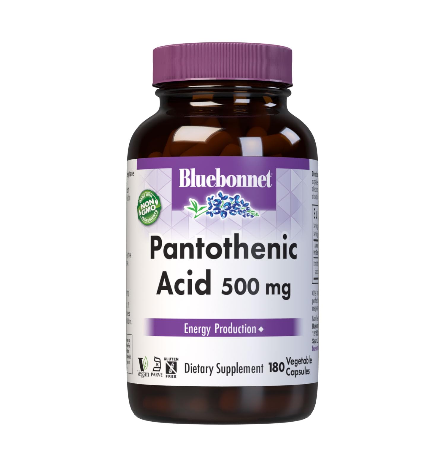 Bluebonnet Pantothenic Acid 500 mg Vegetable Capsules, 180 Count 1 180 Count (Pack of 1)