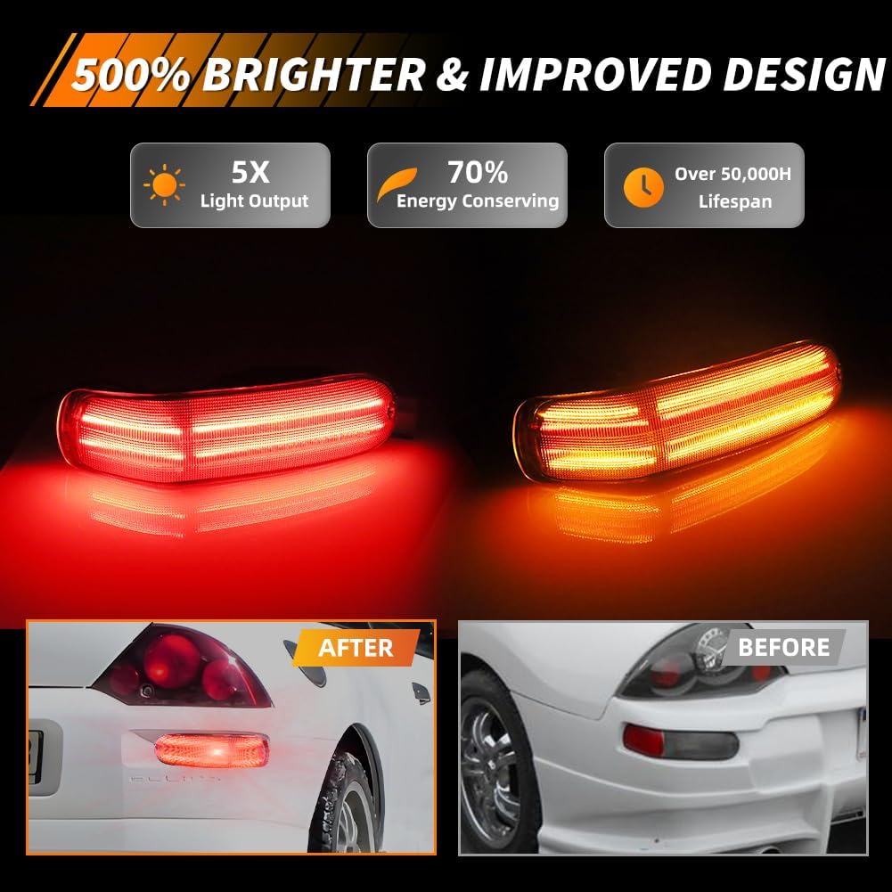 LED Rear Bumper Turn Signal Light Compatible with Mitsubi-shi Eclipse 2002 2003 2004 2005, [2 in 1 Design] Red Taillight & Amber Sequential Turn Signal Marker Light, 2 PCS, Clear Lens