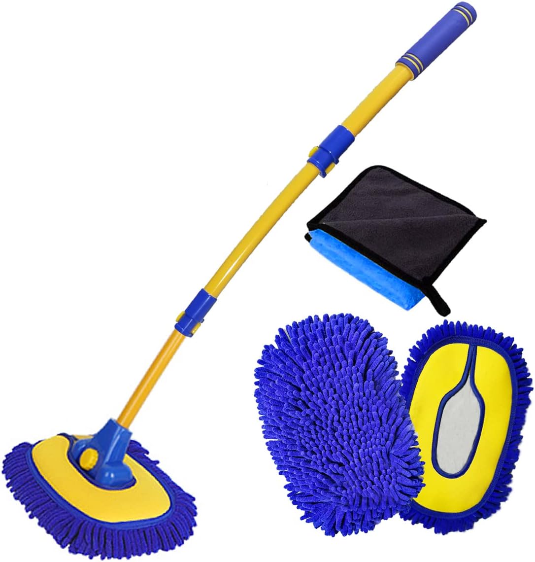 Car Wash Brush with Long Handle, Microfiber Towels Car Wash Kit Cleaning Supplies, Car Wash Mop Mitt with 2 Replacement Head , Extension Pole Car Brush Cleaning Kit for Cars Trucks
