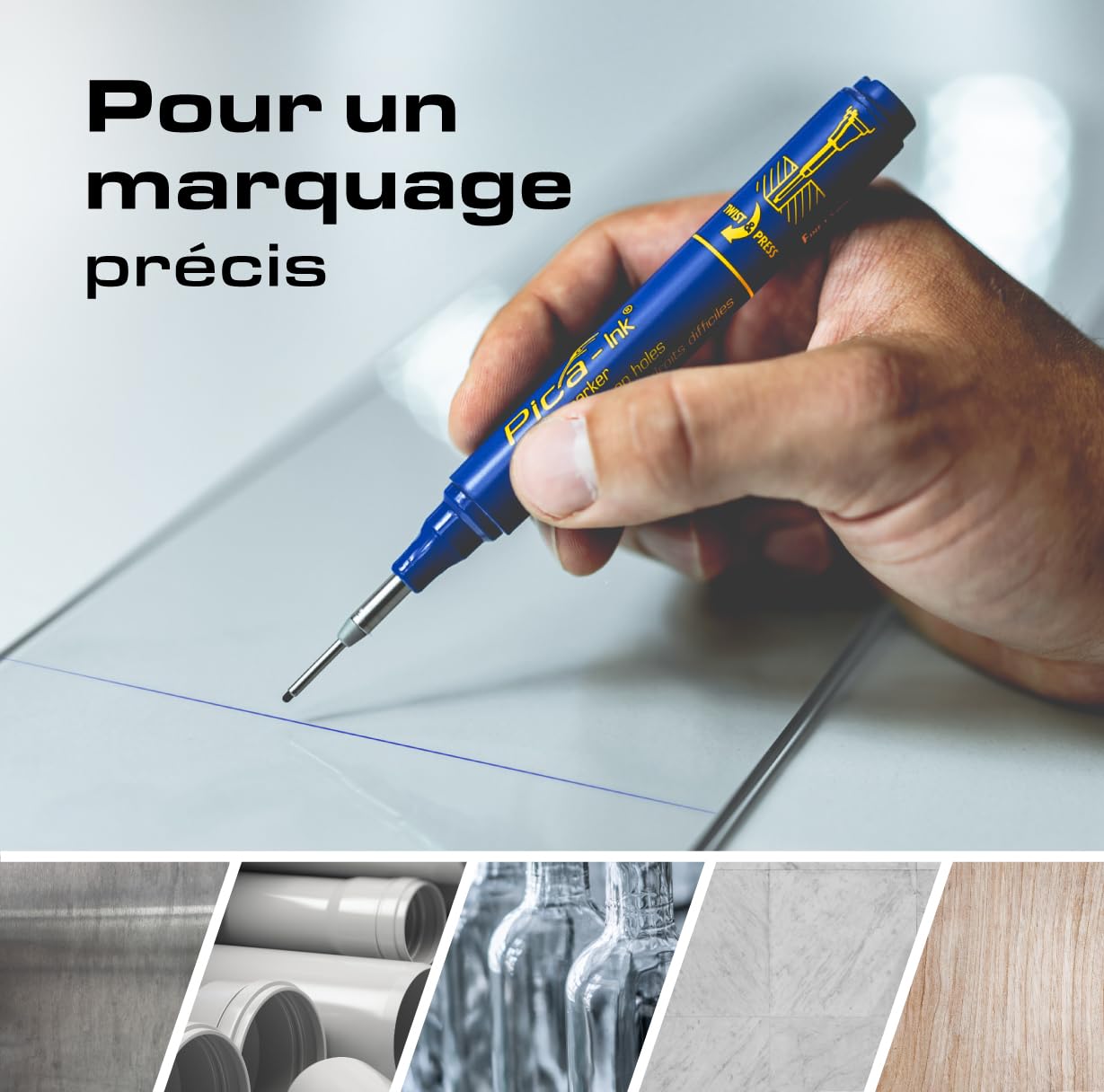 Pica Ink‑Set | 3 marqueurs de trous profonds noir rouge bleu | Pointe 1,5 mm | Marqueur permanent pour zones difficiles | Idéal pour perçages | Résistant à l’eau