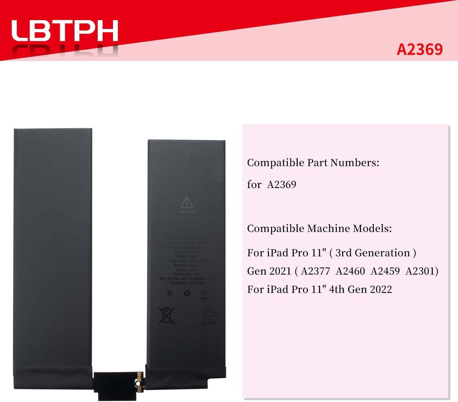 A2369 Battery Replacement Compatible for iPad Pro 11" 2021, 2022 4th Gen, Compatible for ipad Pro 11 3rd Gen 2021 A2369 A2301 Series A2377 A2460 A2459 A2301 3.78V 29.02Wh/7680mAh