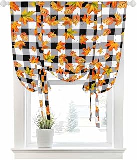 Blackout Tie Up Curtains for Windows Orange Maple Leaf Thanksgiving Black Buffalo Check Rod Pocket Shade Valances, Watercolor Leaves Adjustable Roll Up Balloon Curtain for Bedroom 1 Panel 52x45in