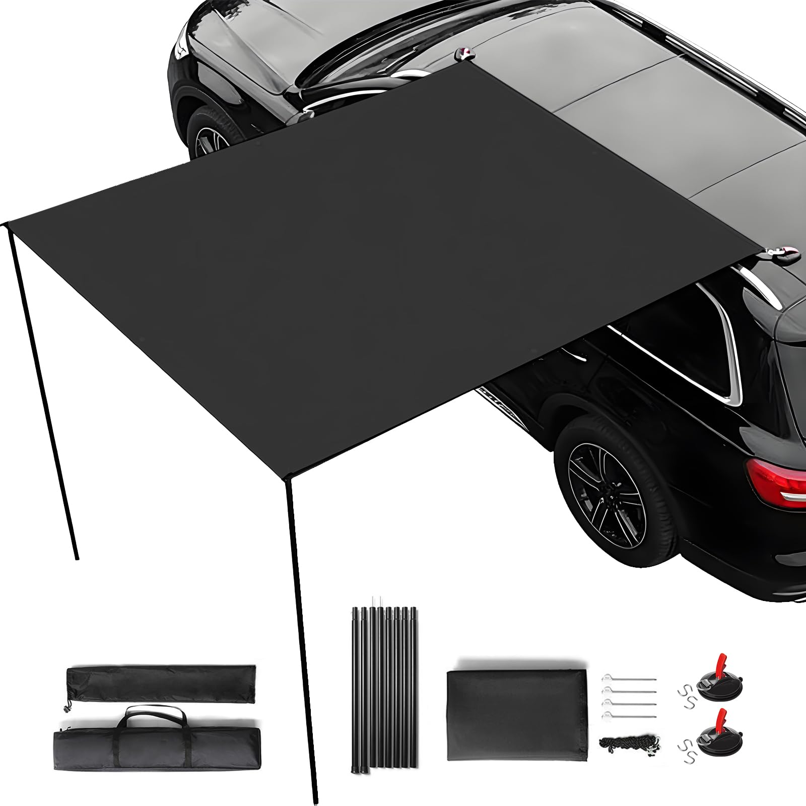 Kit de Toldos para Coche 200x300cm, con 2 Postes, 8 Cuerdas de Amarre, 8 Estacas, 2 Ventosas, Bolsa de Almacenaje y Saco de Transporte, UPF50+, PU3000+ Impermeable, para Aventuras Off-Road (Negro)
