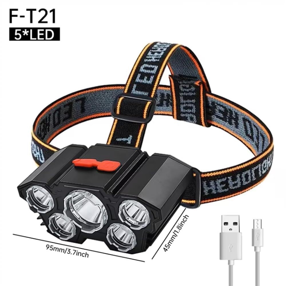 Latarka czołowa LED ładowana przez USB, wodoodporna, mocowana na głowie, do wędkowania nocnego i pieszych wędrówek(5led)