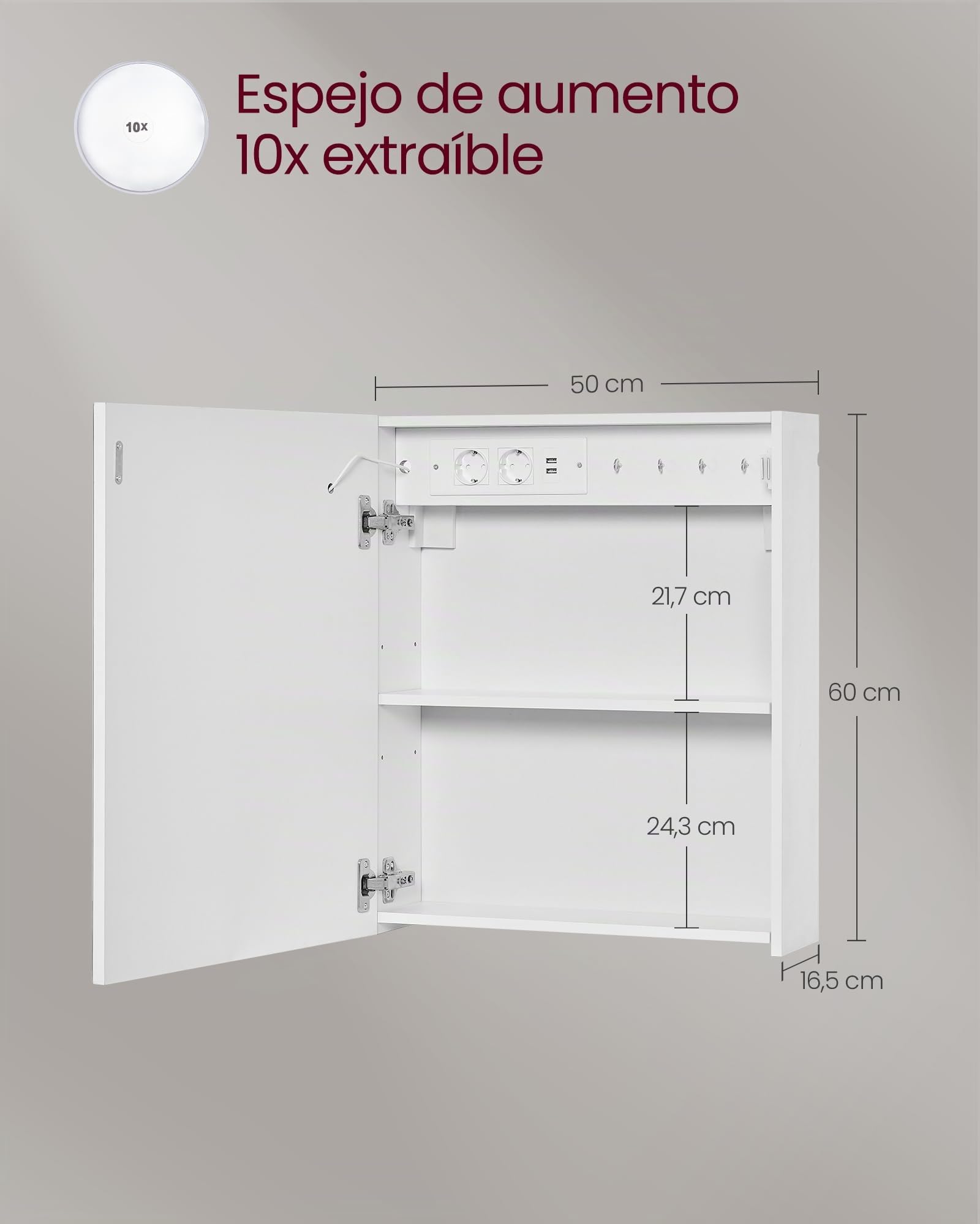 VASAGLE Kailyn Colección - Armario de Pared para Baño con Espejo, con LED, Multienchufe, Función Antivaho, Espejo de Aumento 10x, Estilo Moderno, 16,5 x 50 x 60 cm, Blanco BBK133W01