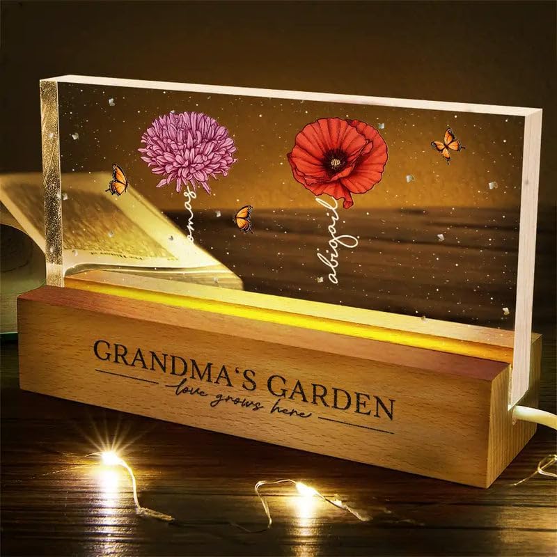 Personalized Rectangle LED Light - Birthday Keepsake, Family Home Décor, Meaningful Gift for Grandma, Mother’s Day or Christmas Gift - Grandma's Garden Birth Month Flowers