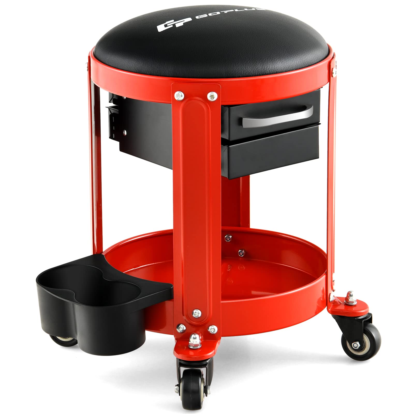 COSTWAY Werkstatthocker, 150 kg belastbar, Werkstattsitz mit 2 Schubladen & Dosenhaltern & Ablage & abnehmbarem Sitz, Arbeitshocker mit Rollen, Garagenhocker Montagehocker Rollhocker, Rot