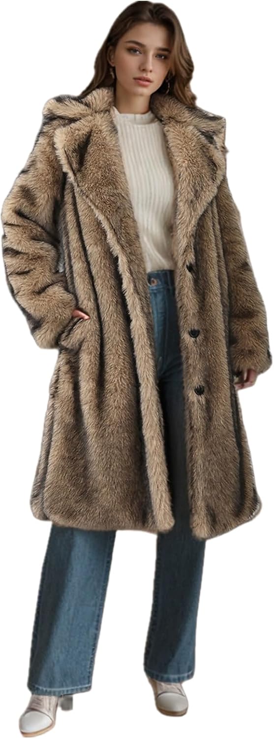 Lisa Colly Women's Winter Long Sleeve Lapel Shaggy Faux Fur Coat Fluffy Jackets Overcoat