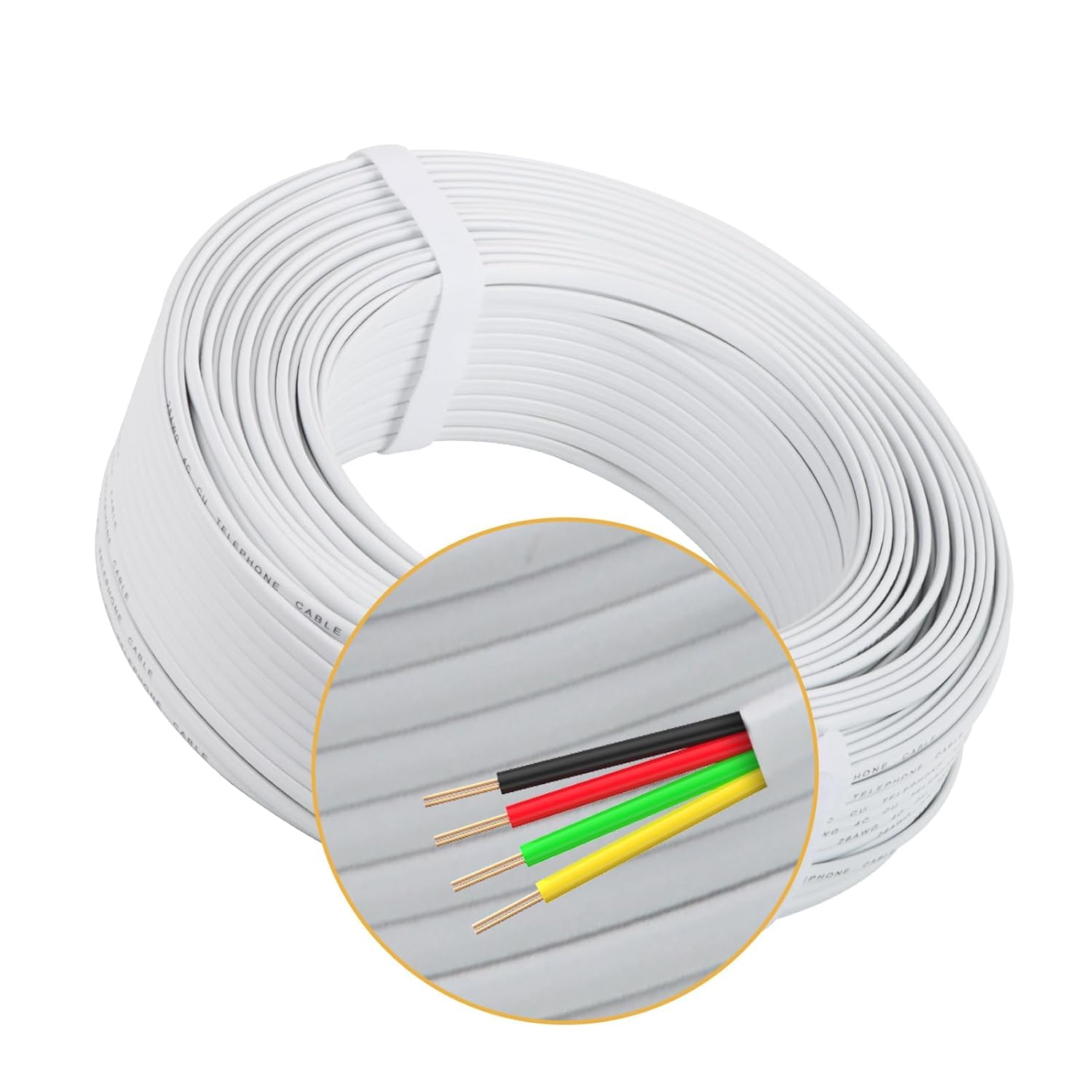 Uvital Phone Cable, 300FT White Telephone Extension Cord Wire Cable with 4-Core Solid Copper Wire, 4x1/0.4mm 26 AWG, Flat Phone Line Cord Compatible with RJ11 Jack for Landline and Modem (100m)