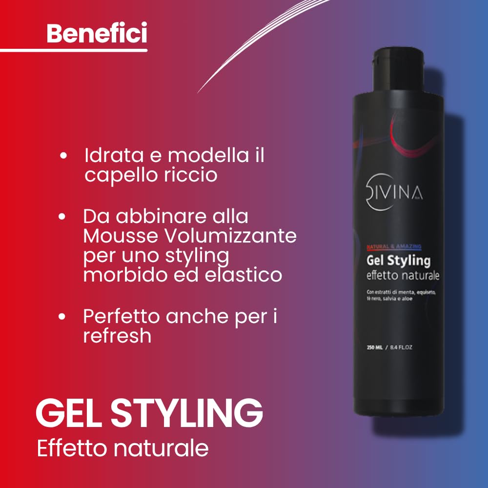 Gel Styling effetto naturale per capelli ricci con estratti di menta, equiseto, tè nero, salvia e aloe Natural&Amazing di DIVINA BLK (250ml)