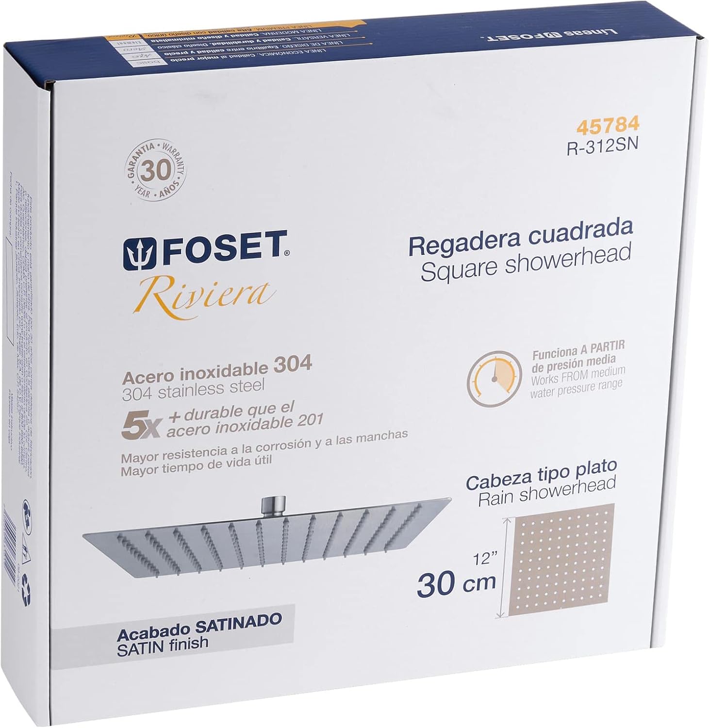 Stainless steel shower, 12 ', armless, satin, Riviera