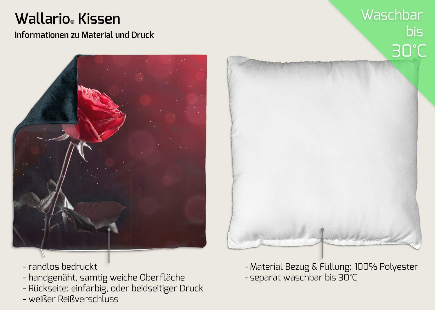 Wallario Dekokissen 30 x 30 cm, Rote Rose Single, beidseitig Bedruckt, Kuschelkissen mit weicher Plüsch-Oberfläche