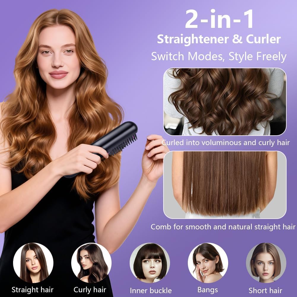 Hemioke Cordless USB Rechargeable Ionic Hair Straightener Brush, Anti Frizz Ceramic Heated Brush for Thick Curly Hair, Fast Heating Travel Hair Straightener Brush for Women — view 5
