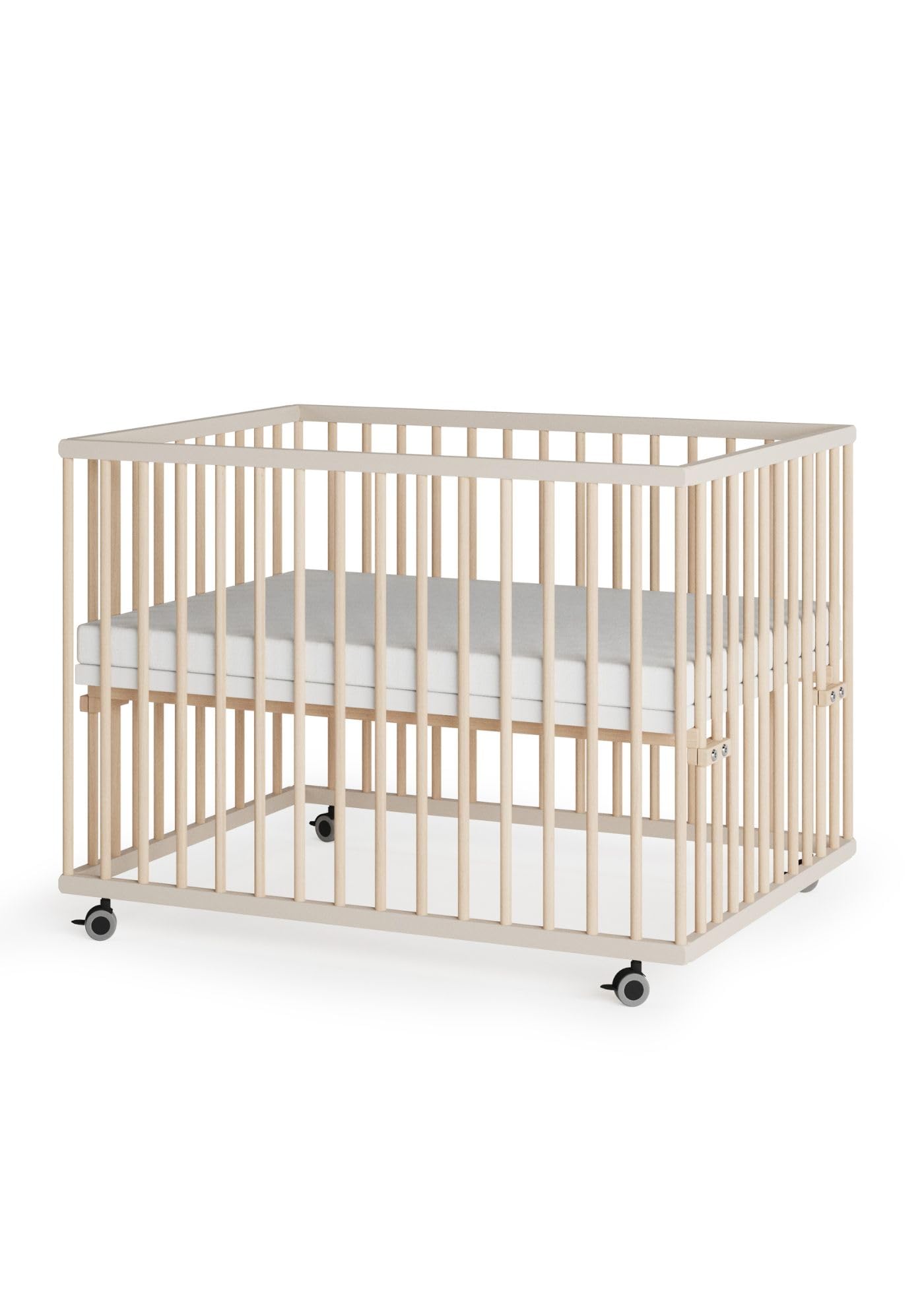 Sämann Laufstall Baby 75x100 cm mit Matratze SleepPlus und Schlupfsprossen | TÜV geprüft | stufenlos höhenverstellbar | Laufgitter Premium | Babybett aus Holz | Krabbelgitter sahara dust/natur