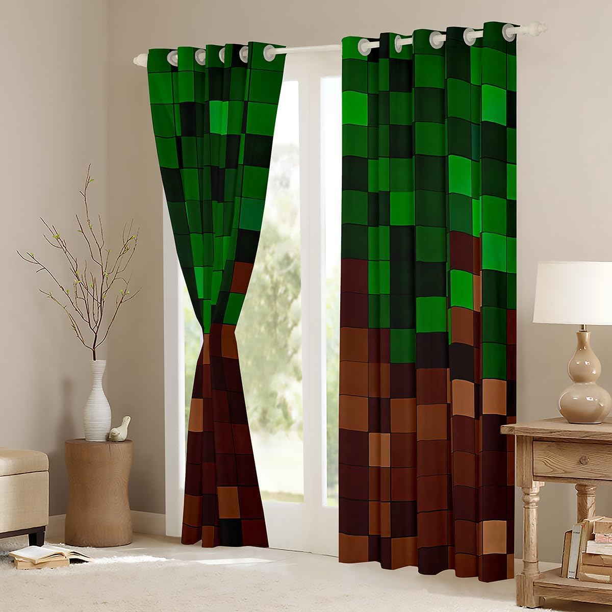 Manfei Pixelierte Blackout Vorhänge, Patchwork Grid Videospiele Jungen Zimmer Dekor,Bergleute Lattice Simple Window Curtains,Dark Green Brown 2 Panels, S Größe