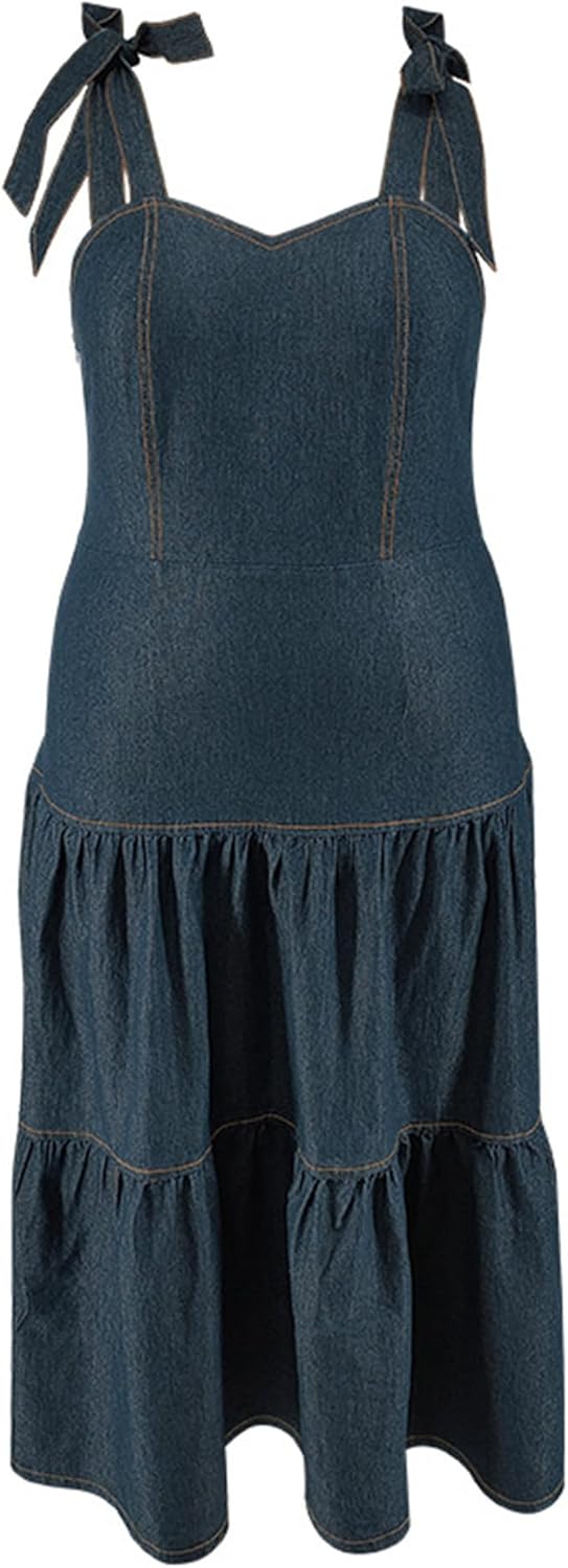 Sexyshine Women's Spaghetti Strap Plus Size Denim Dress Tie Knot Sleeveless A Line Ruffle Layered Maxi Dress Jeans Dresses - Image 5