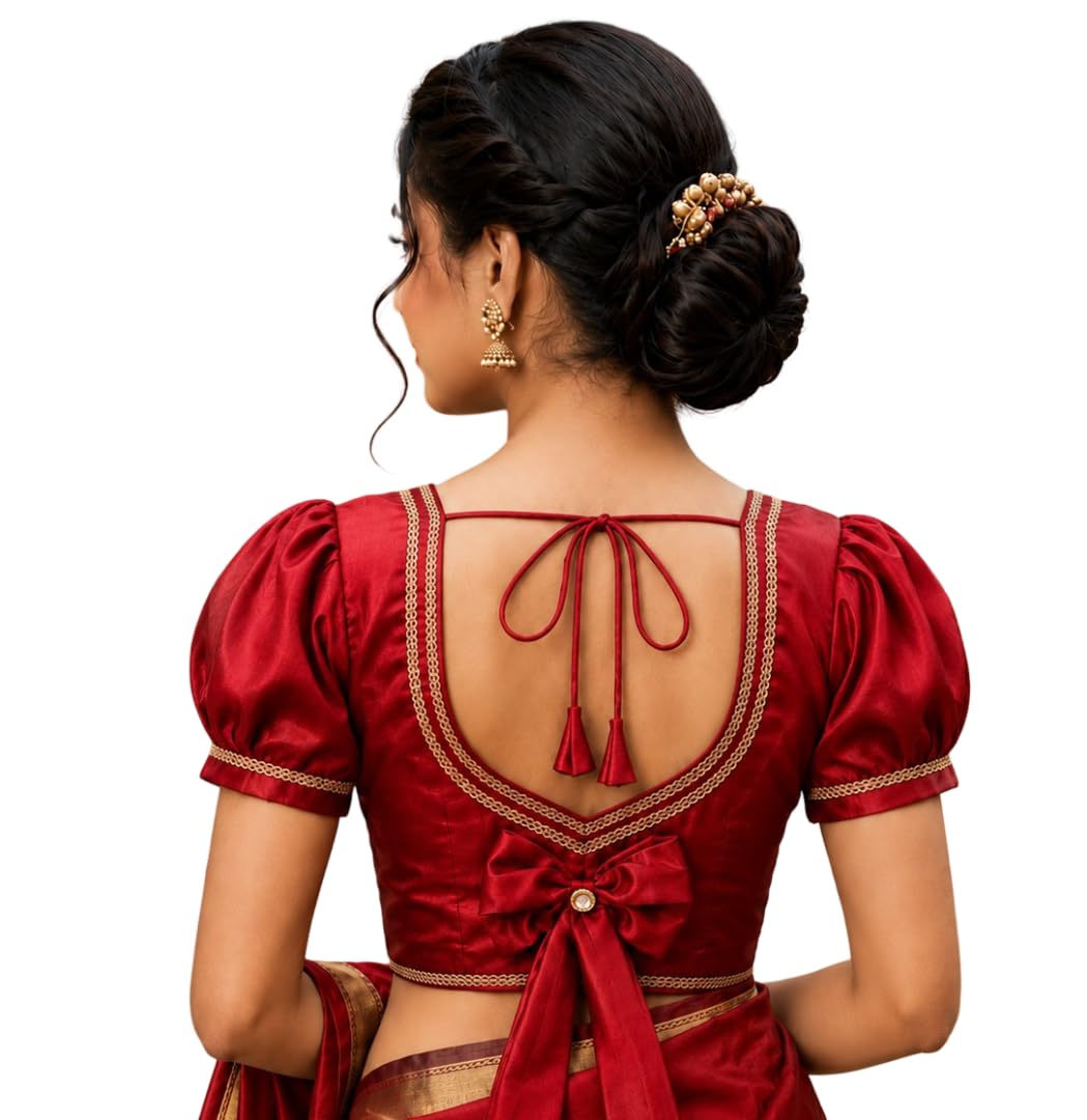 Women's Pink Satin Saree Blouse with Puff Sleeves-image-45