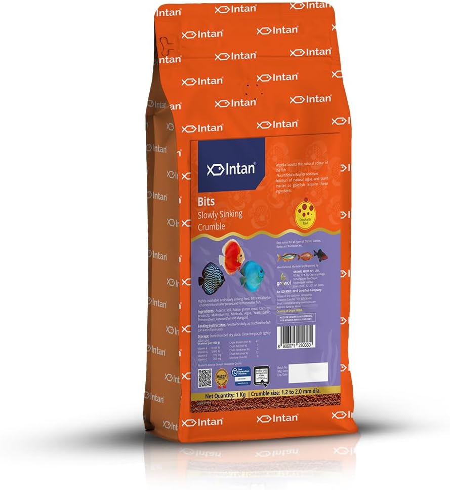 Intan Bits (1.2-2mm Slow Sinking Crushable Crumble) | 1Kg - Highly Nutritious Ornamental Fish Food for All - Discus, Danios, Barbs & Rainbow | Growel Feeds