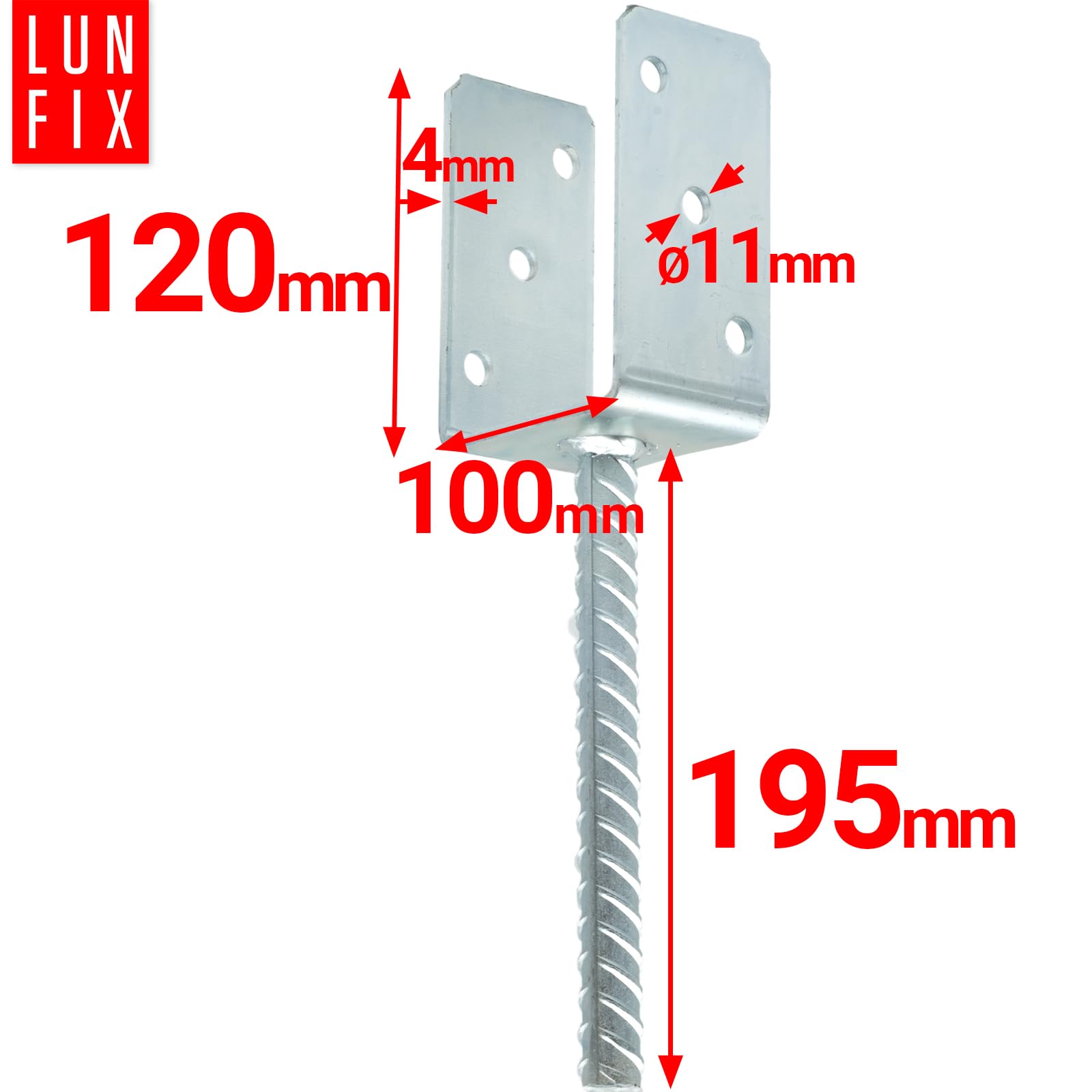 Attacco per palo da 100 mm, supporto per pali a forma di U con ancoraggio in calcestruzzo, altezza 195 mm, altezza lato U 120 mm, acciaio da 4 mm, zincato a caldo