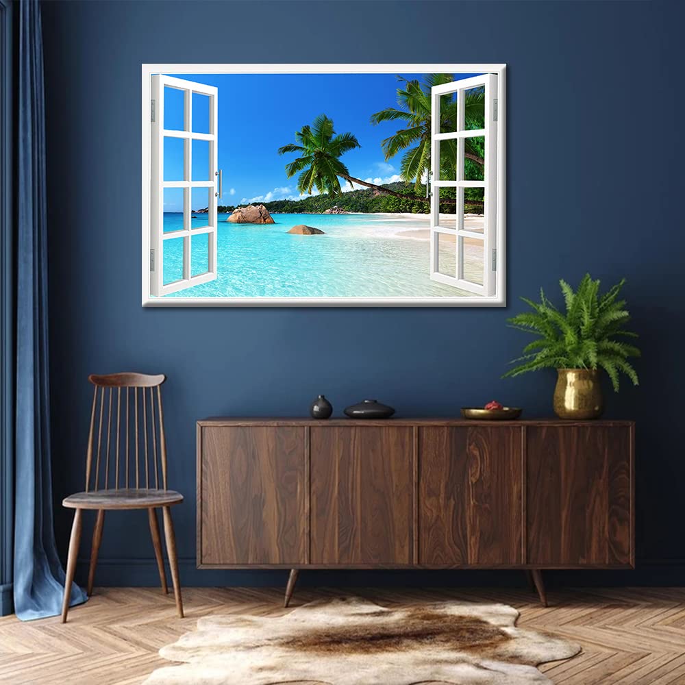 TISHIRON 3D Window Effect View Canvas Wall Art Coconut Tree Beach Seaside Landscap Pictures Kitchen for Living Room Bedroom Office Home Decorations Ready to Hang 16x24inch - Image 2