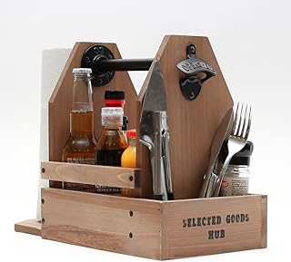 Wooden Grill Caddy Organizer - Versatile BBQ Caddy for Outdoor grill - Portable rustic wood condiment and paper towel holder with bottle opener for picnic and grilling