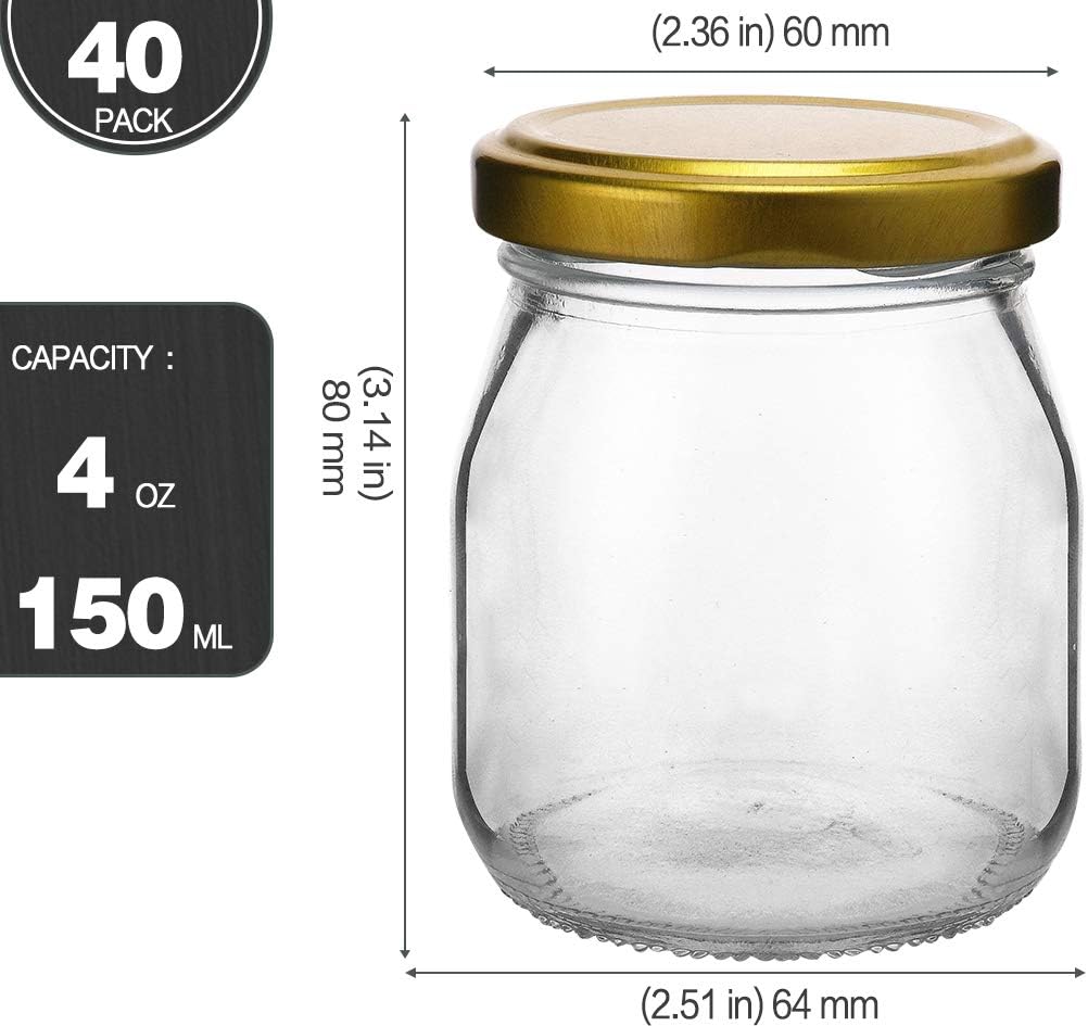 Glass Jars, KAMOTA 40 PACK 4 oz Clear Yogurt Jars With Gold Lids, Glass Pudding Jars Yogurt Jars Ideal for Jam, Honey, Wedding Favors, Shower Favors(150ml)